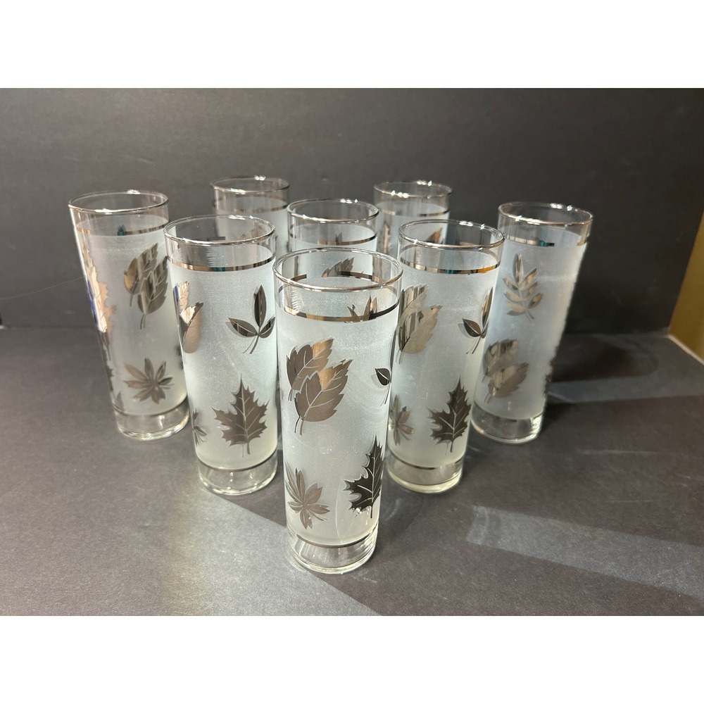 Vintage Libbey Frosted Silver Leaf Highball Glasses Set of 8 Mid Century Modern - Picture 4 of 5